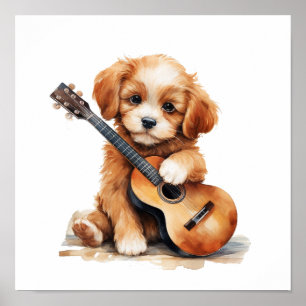 Nursery Art Poster Puppy met een gitaar