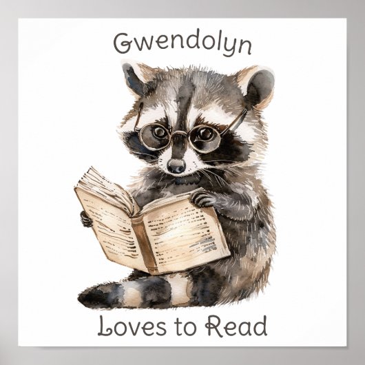 Nursery Art Poster Raccoon Reading (Voorkant)