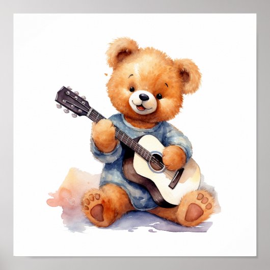 Nursery Art Poster Teddy Bear Gitaar Linkshandig (Voorkant)