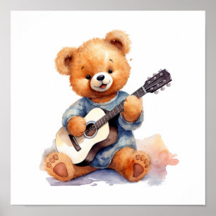 Nursery Art Poster Teddy Bear Gitaar Rechtshandig