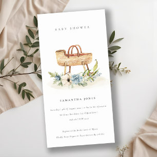 Nursery Blue Floral Bassinet Baby shower Invite Bedankkaart
