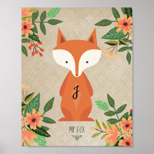 nursery child's poster monogram fox floral