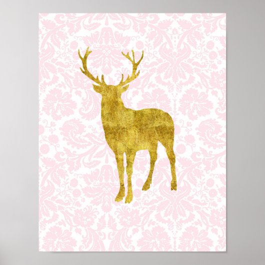 Nursery Decor Gold Deer Girly Pink Damask Poster (Voorkant)