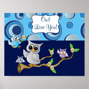 Nursery Design voor Navy Blue en Grey Baby Owl Poster