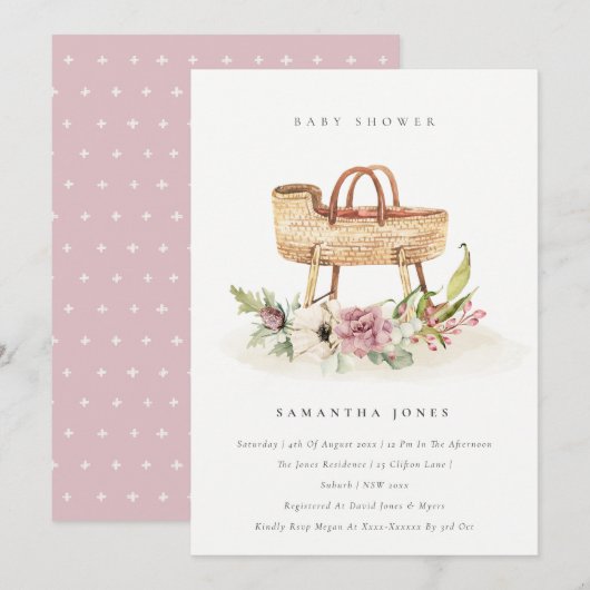 Nursery Pink Floral Bassinet Baby shower Uitnodige Bedankkaart (Voorkant / Achterkant)