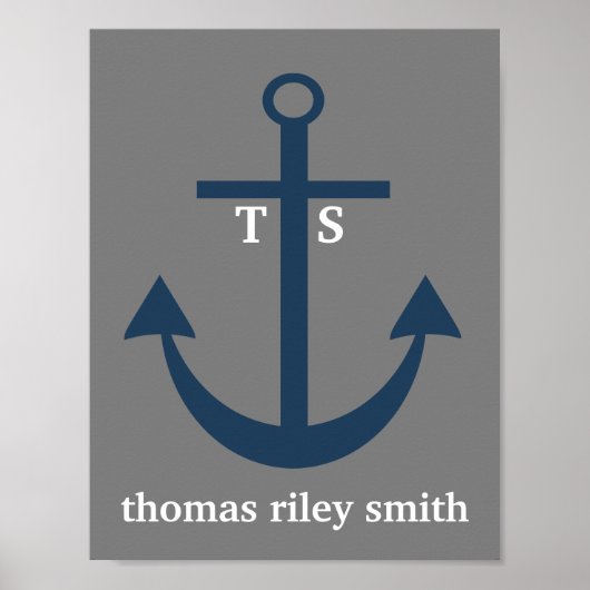 Nursery Print Navy Blue en Grey Anchor Monogram (Voorkant)