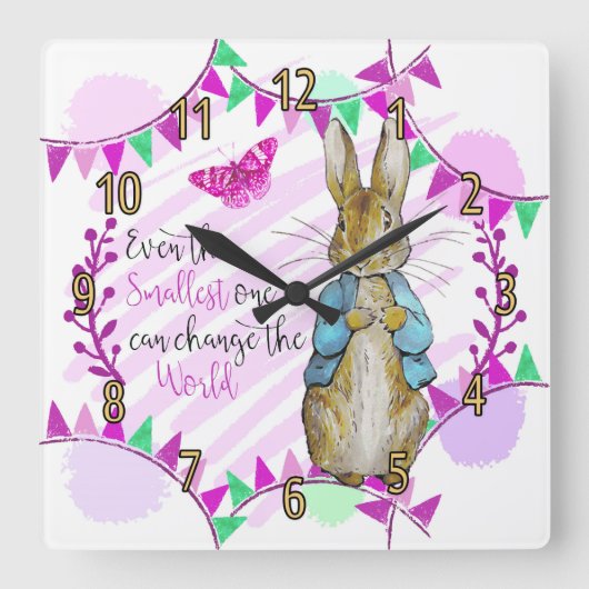 Nursery Rabbit en Bunting Clock in roze Vierkante Klok (Voorkant)