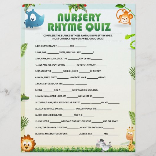 Nursery Rhyme Quiz [Dierthema] Briefhoofd (Voorkant)