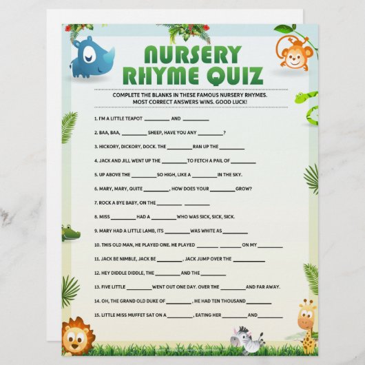 Nursery Rhyme Quiz [Dierthema] Briefhoofd (Voorkant / Achterkant)