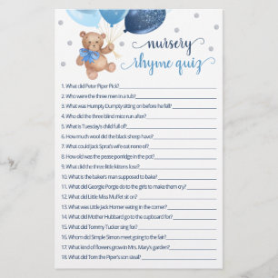 Nursery Rhyme Quiz Game Baby shower Teddy Bear