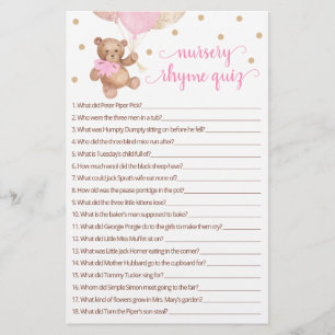 Nursery Rhyme Quiz Game Baby shower Teddy Bear