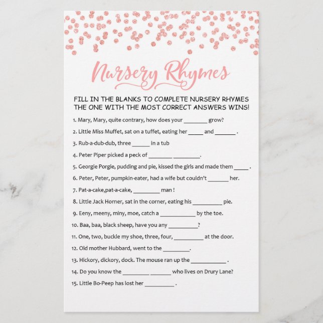 Nursery Rhymes met Answers Baby shower Party Game (Voorkant)