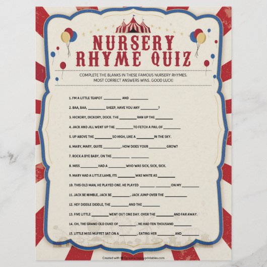 Nursery Rhymes Quiz [Circus Theme] Briefhoofd (Voorkant)