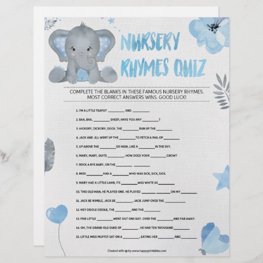 Nursery Rhymes Quiz [Elephant [Blue]] Briefhoofd (Voorkant / Achterkant)