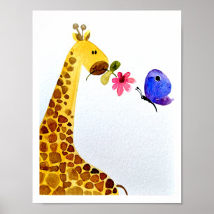 Nursery wall art_ Waterverf Giraffe & vlinder Poster
