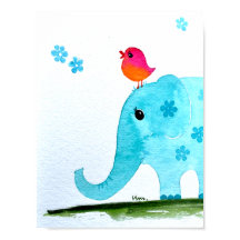 Nursery wallart_ waterverf Elephant and roze bird