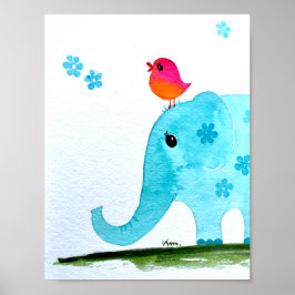 Nursery wallart_ waterverf Elephant and roze bird Poster