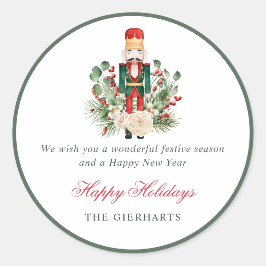Nutcracker and Greenery Happy Holidays Christmas Ronde Sticker (Voorkant)