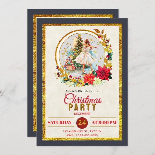 Nutcracker Ballet Ballerina - Christmas Party Feestdagenkaart (Voorkant / Achterkant)