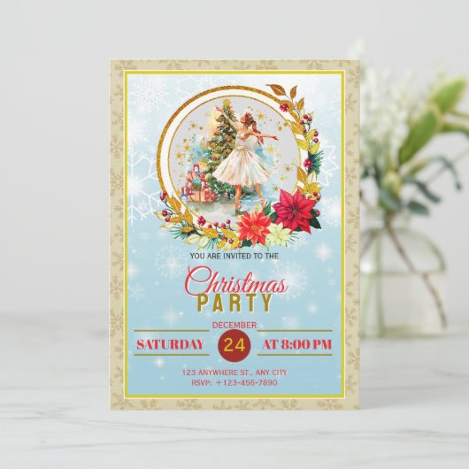Nutcracker Ballet Ballerina - Christmas Party Feestdagenkaart (Staand voorkant)