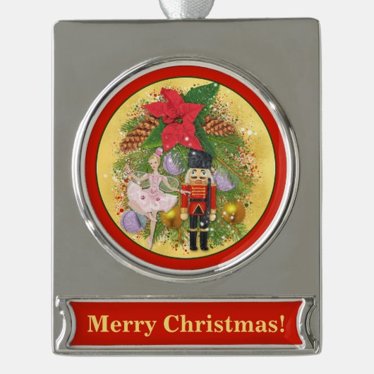 Nutcracker Soldier Sugar Plum Fairy Kerstmis Verzilverd Banner Ornament (Voorkant)