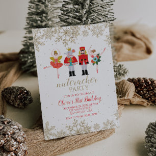 Nutcracker Winter Birthday Red en Gold Invitation Kaart