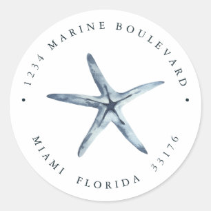 Nutical Blue Starfish Retouradres Ronde Sticker