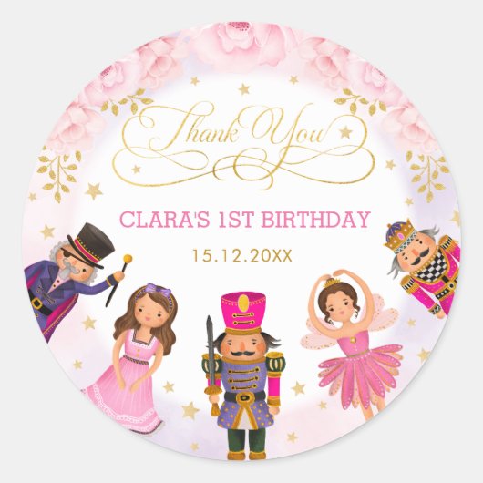 Nutkraker Ballerina Birthday Blush Gold Floral Ronde Sticker (Voorkant)