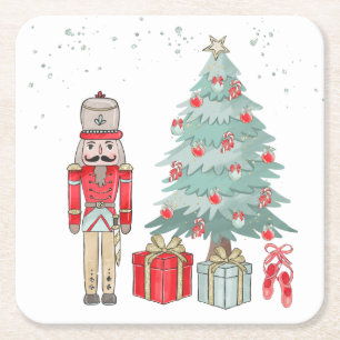 Nutkraker, kerstboom en cadeaus vierkante kartonnen onderzetter
