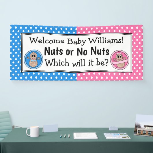 Nuts or No Nuts geslacht onthullen banner. Spandoek (Beurs)
