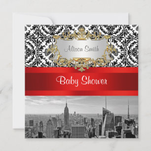 NY City Skyline BW 432 Damask Baby shower Invite Kaart