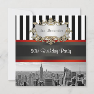 NY City Skyline BW Black White Stripe Birthday Kaart