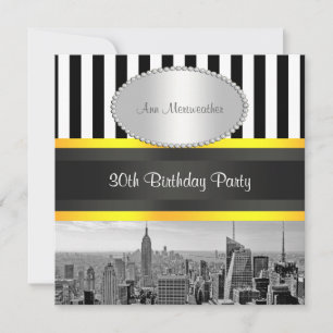 NY City Skyline BW Blk Whk Strp Yellow Birthday Kaart