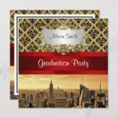 NY City Skyline Sepia B4 Damask Invitation (Devant / Derrière)