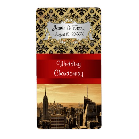 NY City Skyline Sepia B4 Damask Party Étiquette de (Devant)