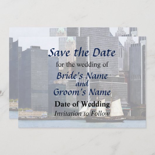 NY - Schooner tegen Manhattan Skyline Save The Date (Voorkant / Achterkant)