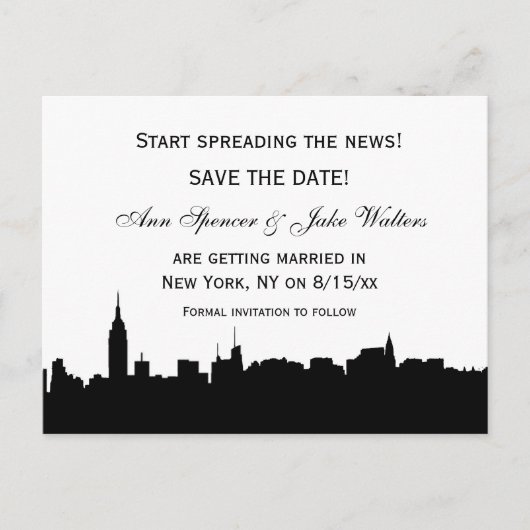 NYC Black Wide Skyline Silhouet #2 Bewaar de datum Aankondigingskaart (Voorkant)