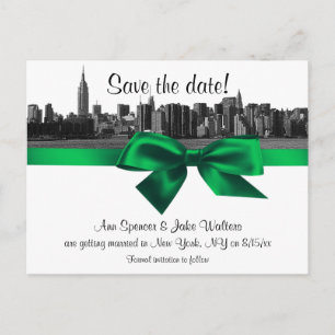 NYC brede silhouet geëtst BW groen save the date Aankondigingskaart