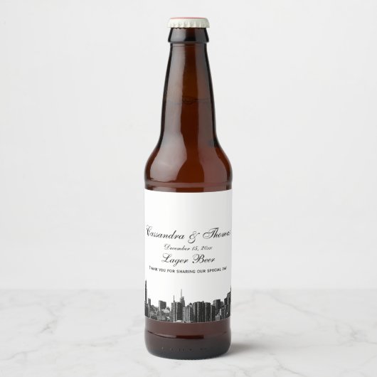 NYC brede skyline geëtst BW bier flesetiket Etiket (Voorkant)