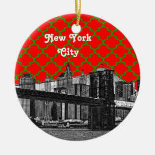 NYC Brooklyn Bridge Red Green Quatrefoil Xmas Keramisch Ornament