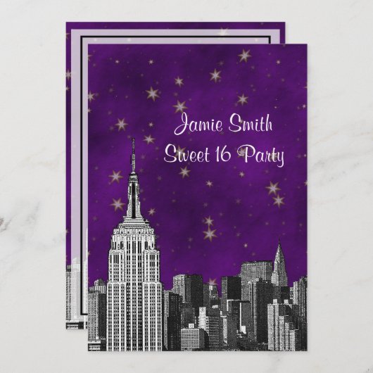 NYC ESB Skyline Etched Paars Starry Sweet 16 V Kaart (Voorkant / Achterkant)