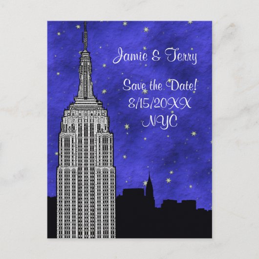 NYC ESB Skyline Silhouette Blue Starry Save Date Aankondigingskaart (Voorkant)