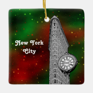 NYC Flatiron Building Red Grn Starry Xmas Keramisch Ornament