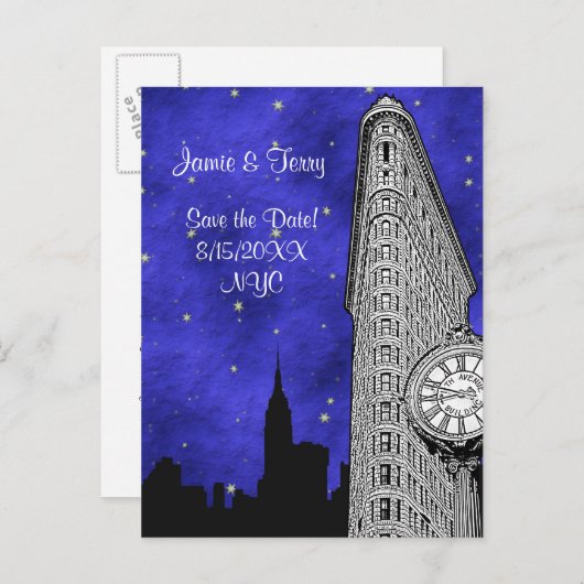 NYC Flatiron Skyline Silhouette Blu St Save Date Aankondigingskaart (Voorkant / Achterkant)