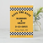 NYC gele Checker cabinestijl Save The Date (Staand voorkant)