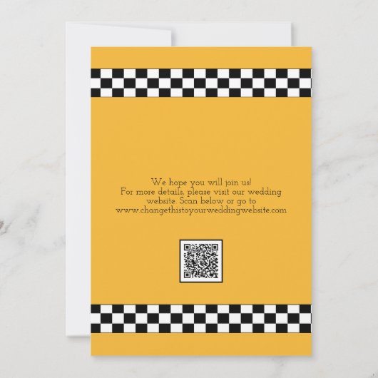  NYC gele Checker cabinestijl Save The Date (Achterkant)