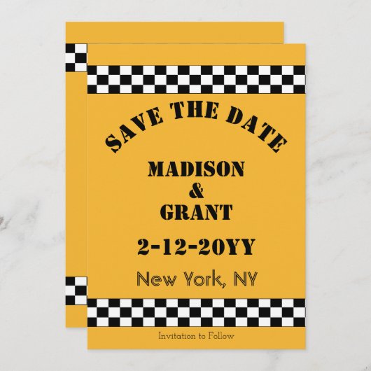 NYC gele Checker cabinestijl Save The Date (Voorkant / Achterkant)