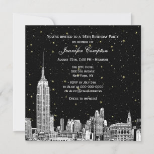 NYC Silhouet Gegraveerd Sterren DIY BG Kleur SQ Sw Kaart