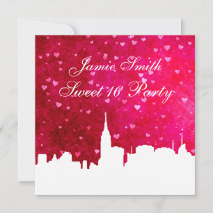 NYC Silhouet van de Stadshorizon Roze Rood Hart Sw Kaart