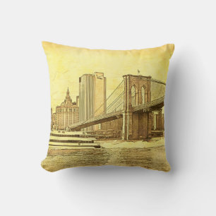 NYC Silhouette Brooklyn Bridge Boot Geëtst Uitzich Kussen